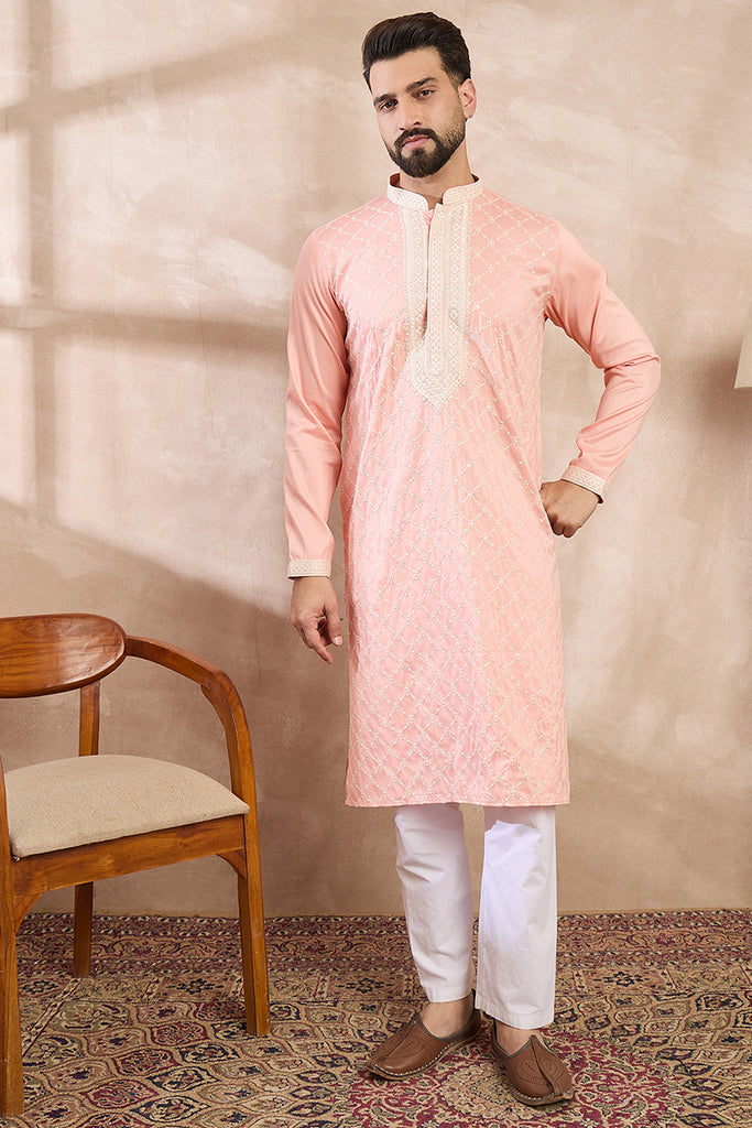 Pink Silk Blend Ethnic Motifs Embroidered Straight Kurta With Trouser MKSET1692