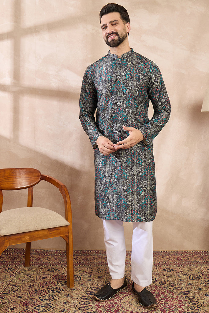 Black Silk Blend Floral Printed Straight Kurta With Trouser MKSET2015