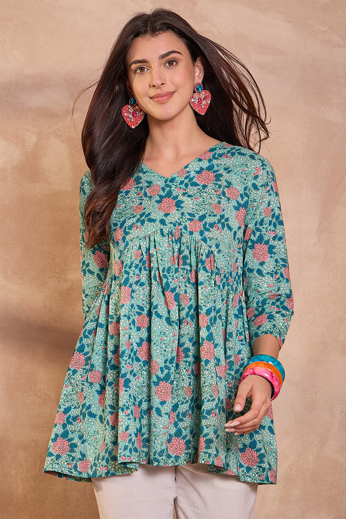 Cotton Blend Blue Floral Regular Tops VT1332