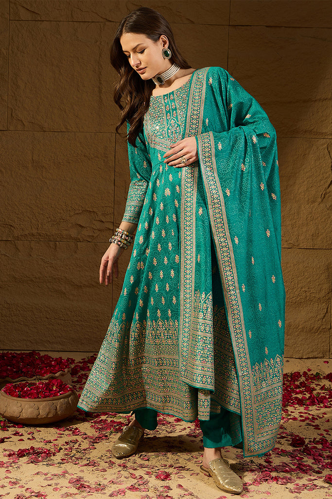 Teal Silk Blend Ethnic Motifs Woven Design Anarkali Kurta Trousers With Dupatta PKSKD2895