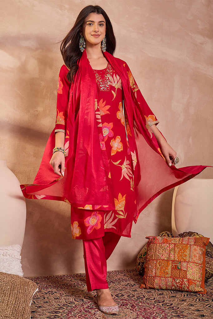 Pink Viscose Floral Printed Kurta Set PKSKD3162