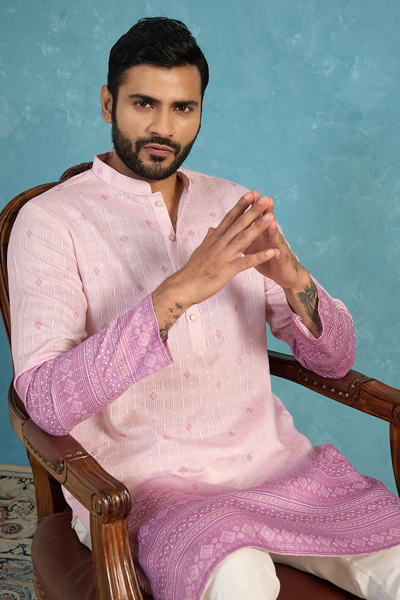 Pink Silk Blend Woven Design Calf Length Straight Regular Kurta With Trouser MKSET2347