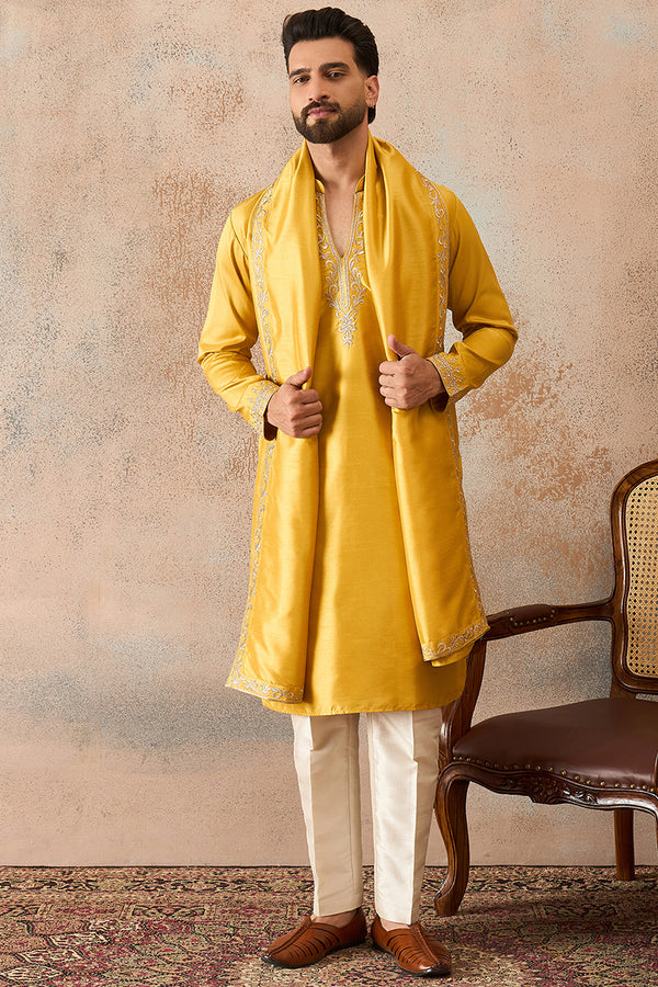Yellow Silk Blend Solid Embroidered Kurta & Trouser With Dupatta MKPD1022