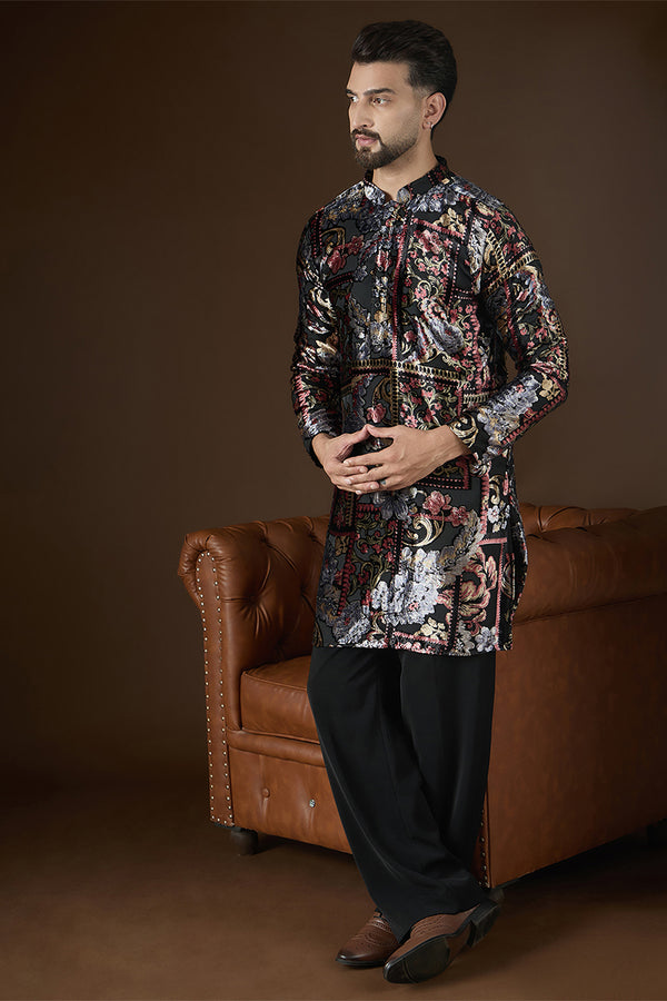 Black Velvet Geometric Printed Kurta With Trouser MKSET2723