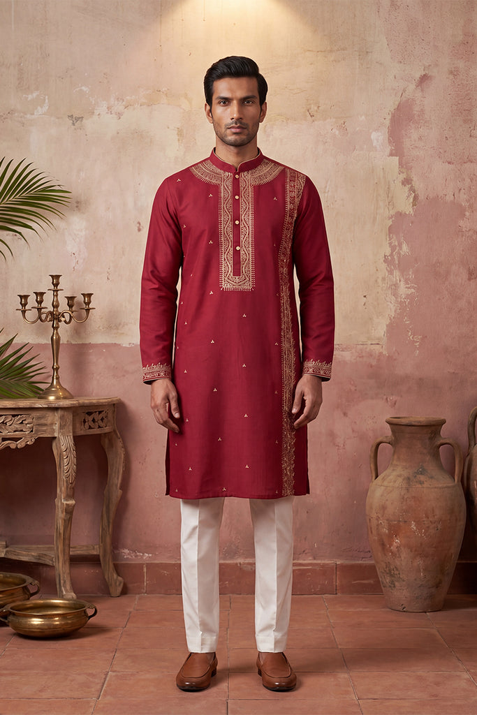 Red Silk Blend Solid Emboidered Straight Kurta MKU2314