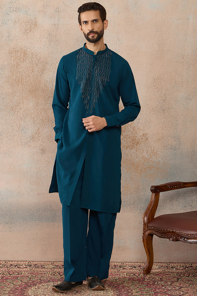 Blue Silk Blend Ethnic Motifs Printed Kurta With Trouser MKSET2389
