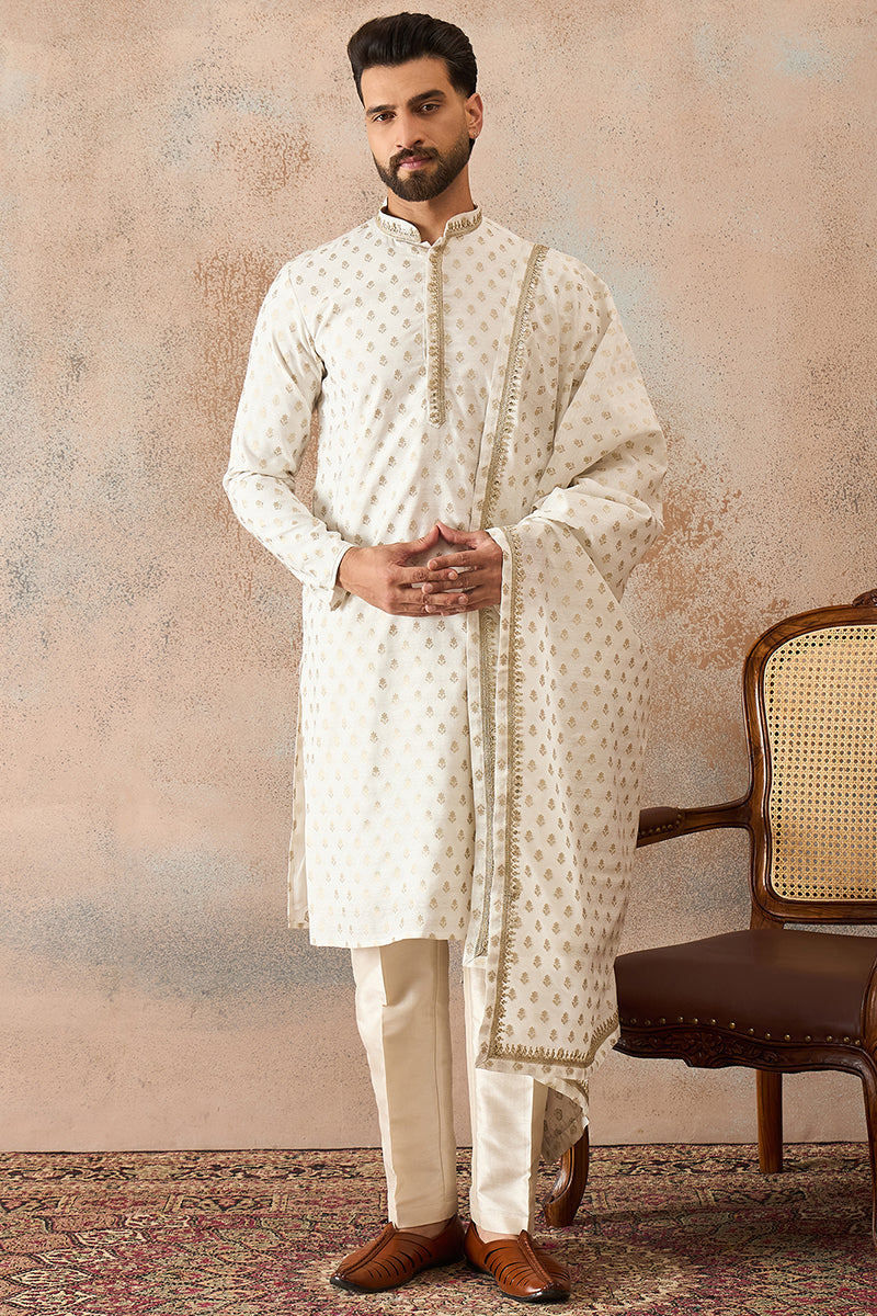 White Jacquard Woven Design Floral Straight Kurta Sets MKPD1049