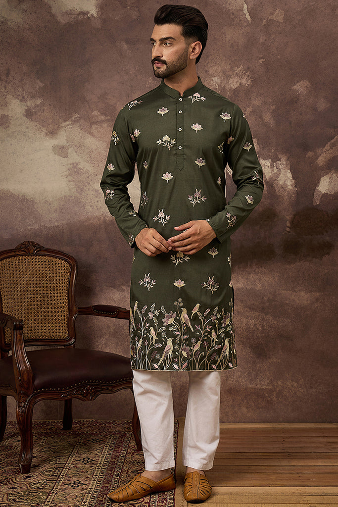 Green Silk Blend Solid Embroidered Straight Kurta MKU1338