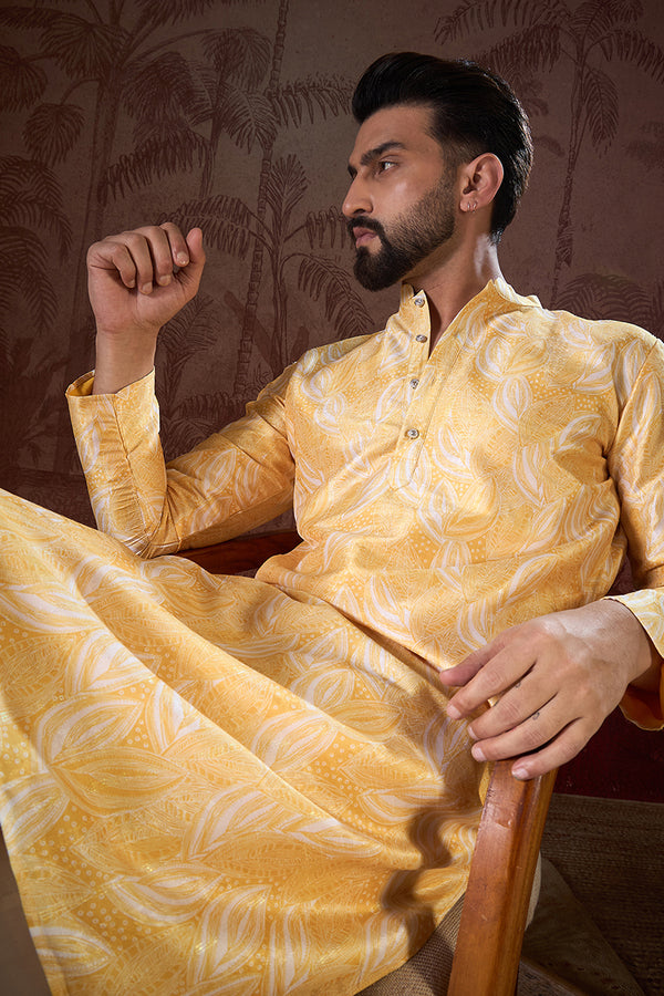 Yellow Silk Blend Floral Printed Straight Kurta MKU1937
