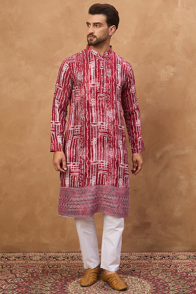 Red Viscose Rayon Batik Embroidered Straight Kurta MKU1499