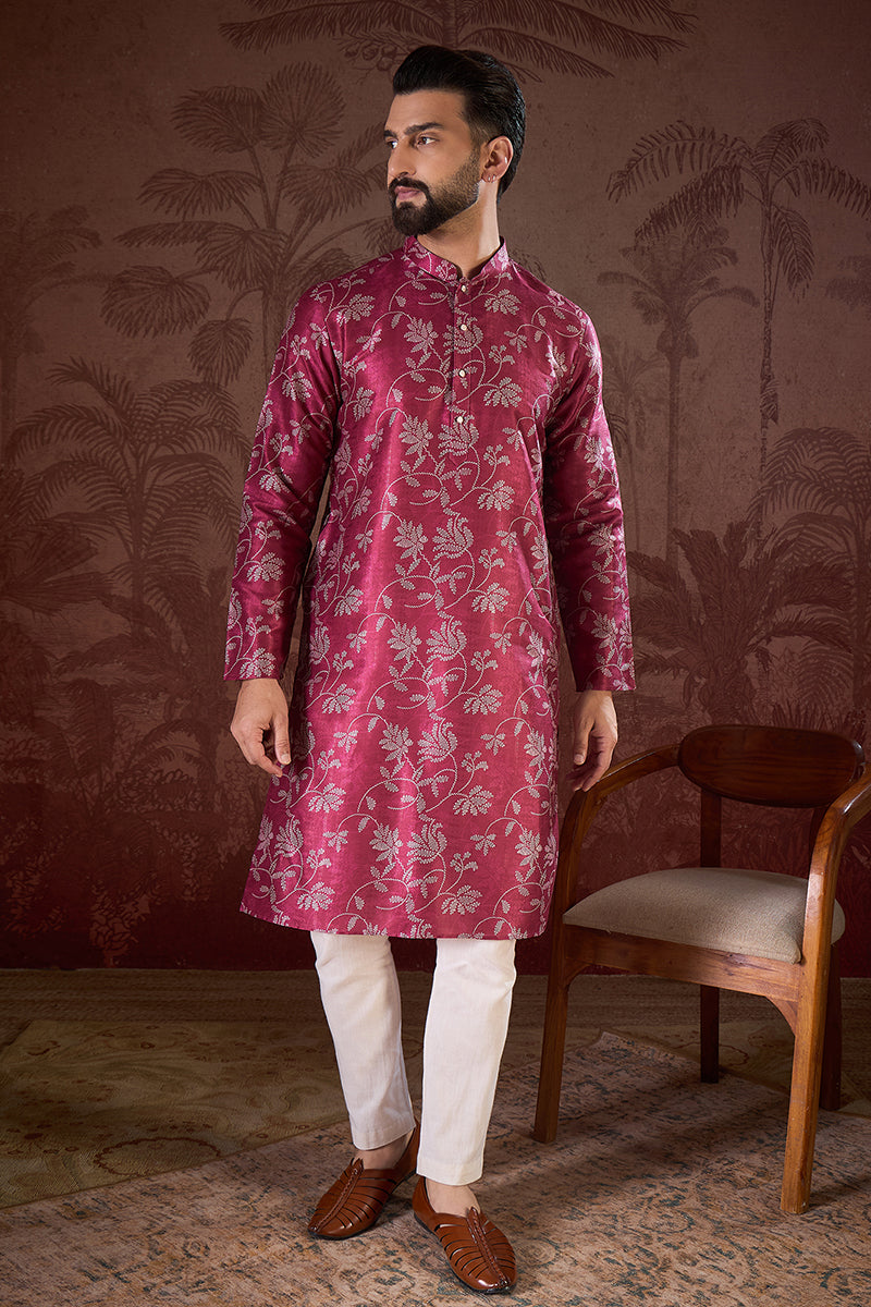 Red Silk Blend Floral Printed Straight Kurta MKU1975