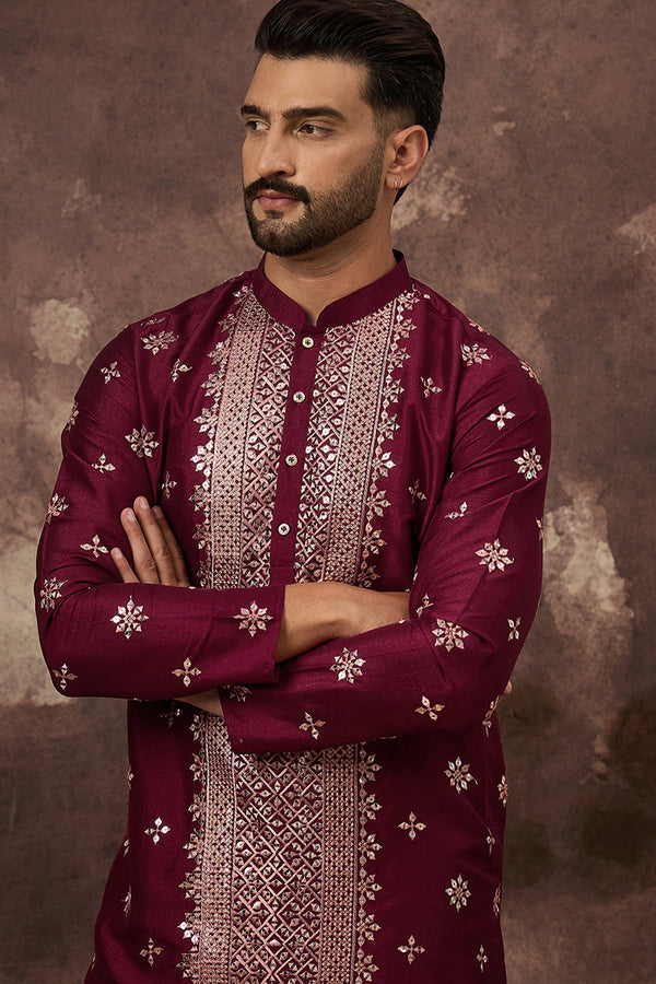 Maroon Silk Blend Solid Embroidered Straight Kurta With Pant Set MKSET1369