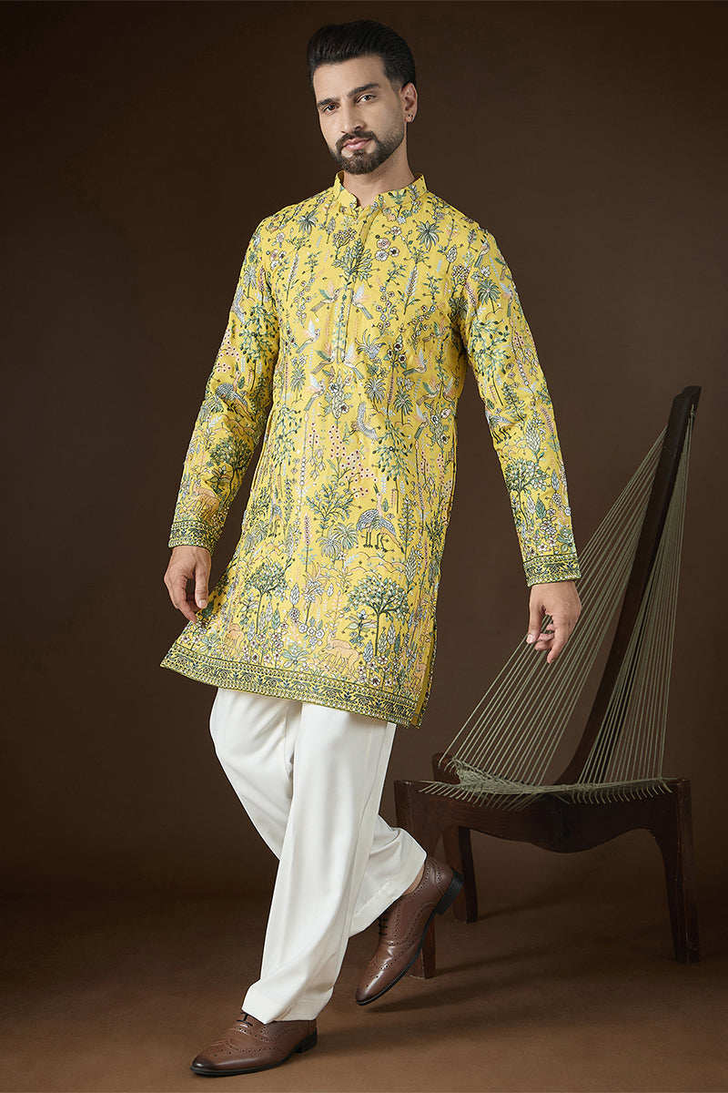 Yellow Georgette Solid Embroidered Kurta With Trouser MKSET2727