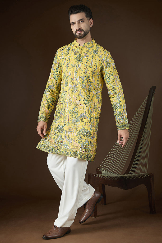 Yellow Georgette Solid Embroidered Kurta With Trouser MKSET2727