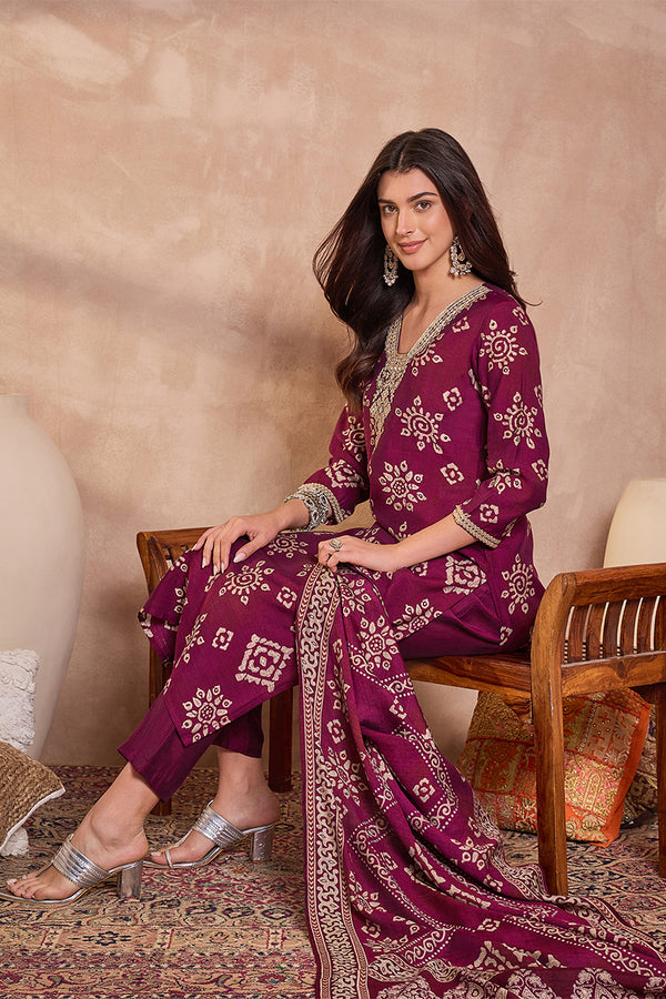 Purple Floral Printed Kurta With Trousers And Dupatta PKSKD3228