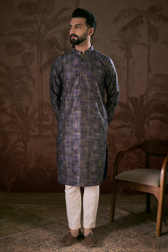 Violet Silk Blend Abstract Printed Straight Kurta With Trouser MKSET1909