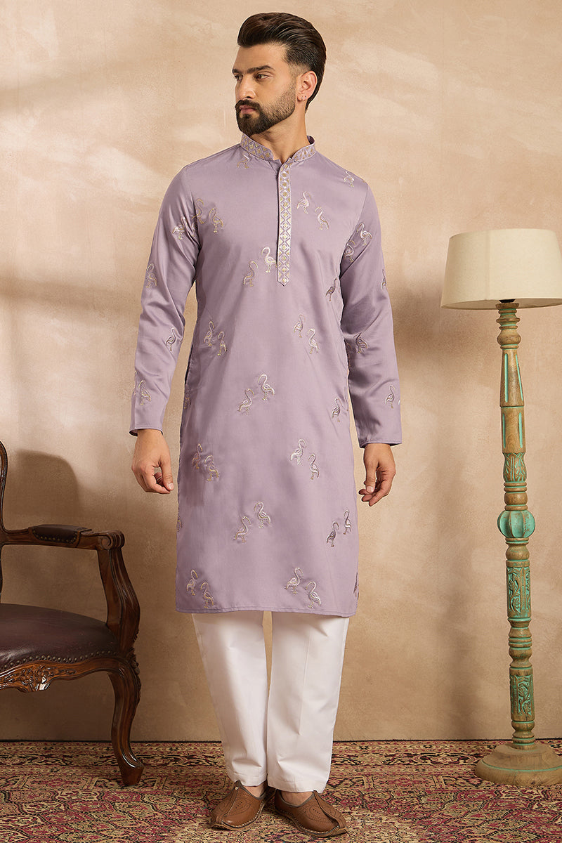 Lavender Silk Blend Solid Embroidered Straight Kurta With Trouser MKSET1815