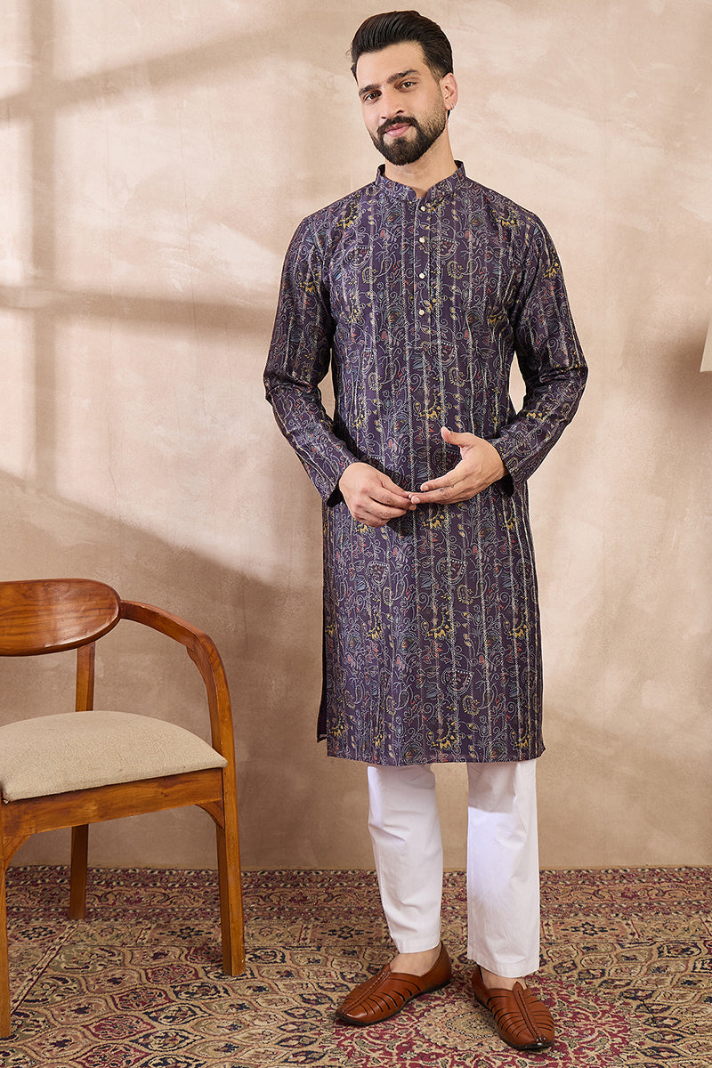 Violet Silk Blend Ethnic Motifs Printed Straight Kurta MKU1954