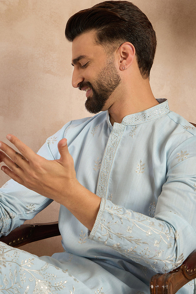 Blue Silk Blend Solid Embroidered Straight Kurta MKU1785