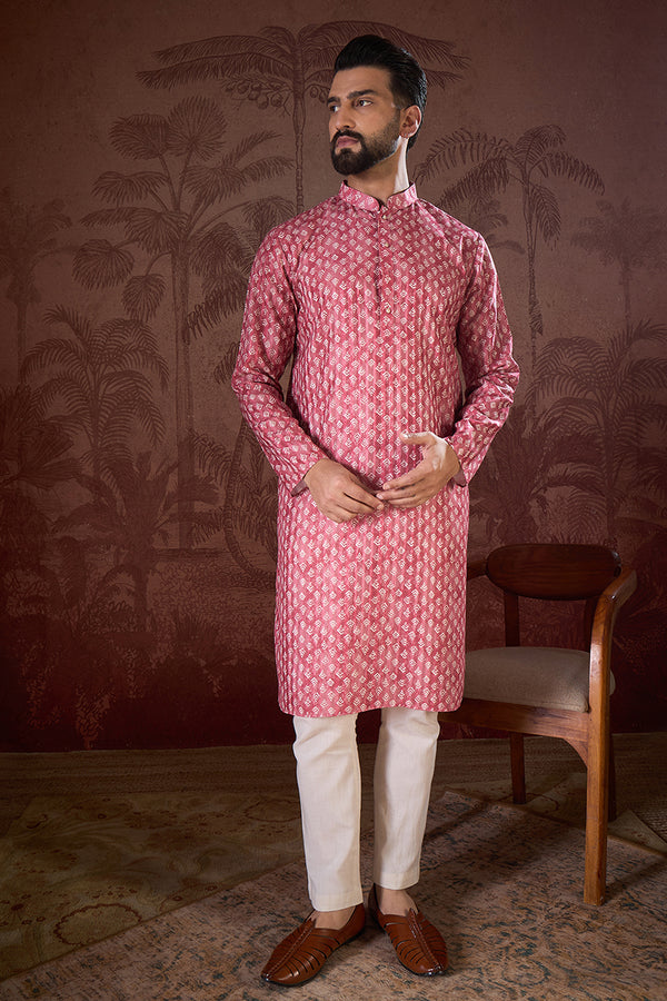 Pink Silk Blend Ethnic Motifs Printed Straight Kurta MKU1938