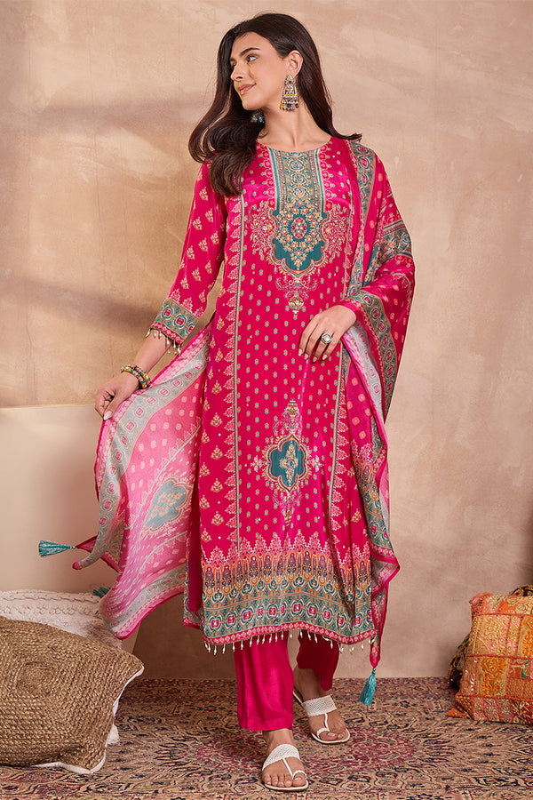 Pink Viscose Rayon Embroidered Kurta Trouser With Dupatta  HPKSKD2789