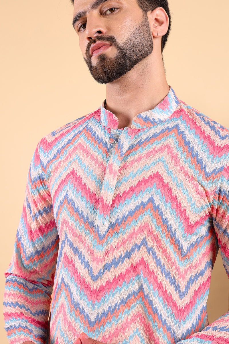 Pink Viscose Rayon Ikat Embroidered Straight Kurta For Men MKU1008PNK