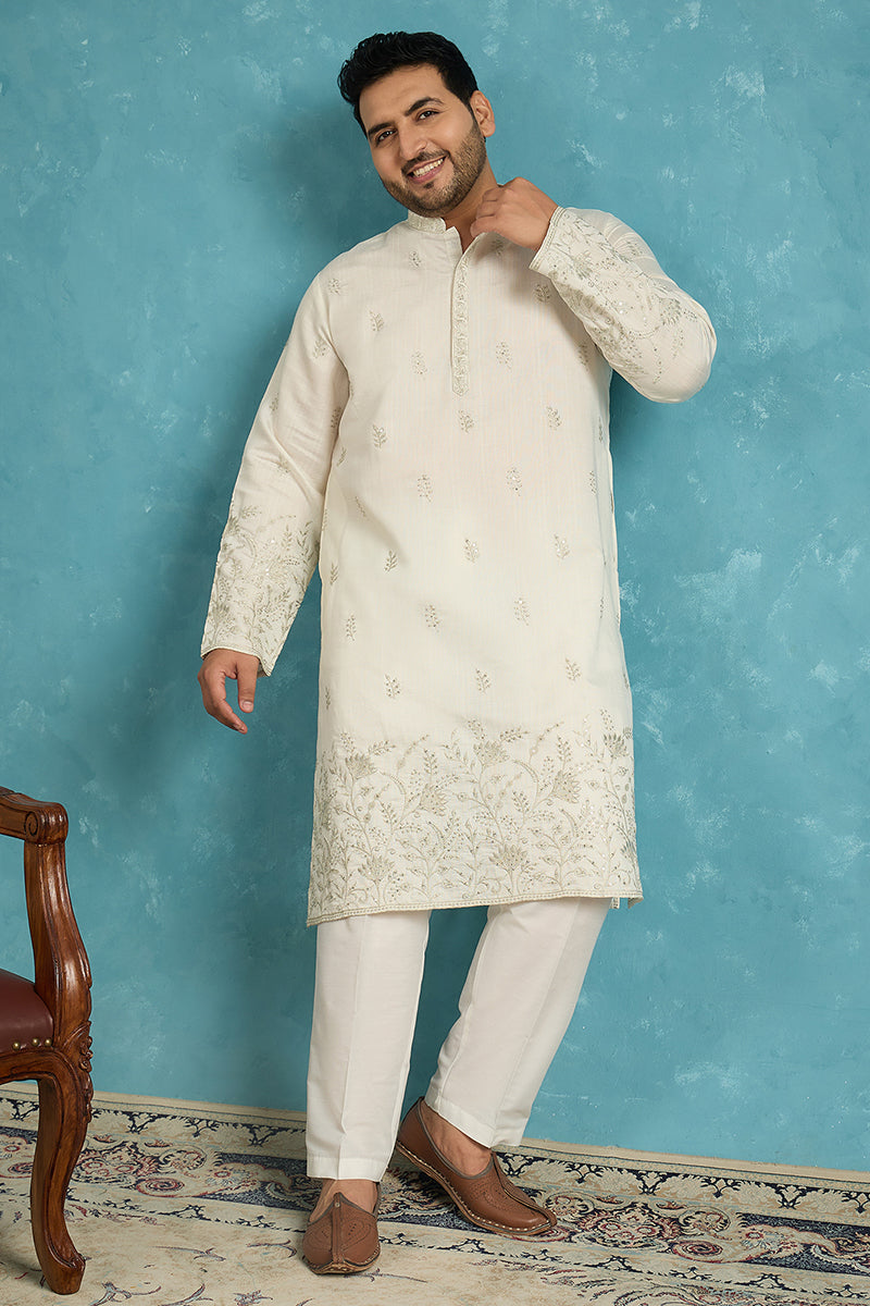 White Silk Blend Floral Thread Work Embroidered Kurta MKU1784