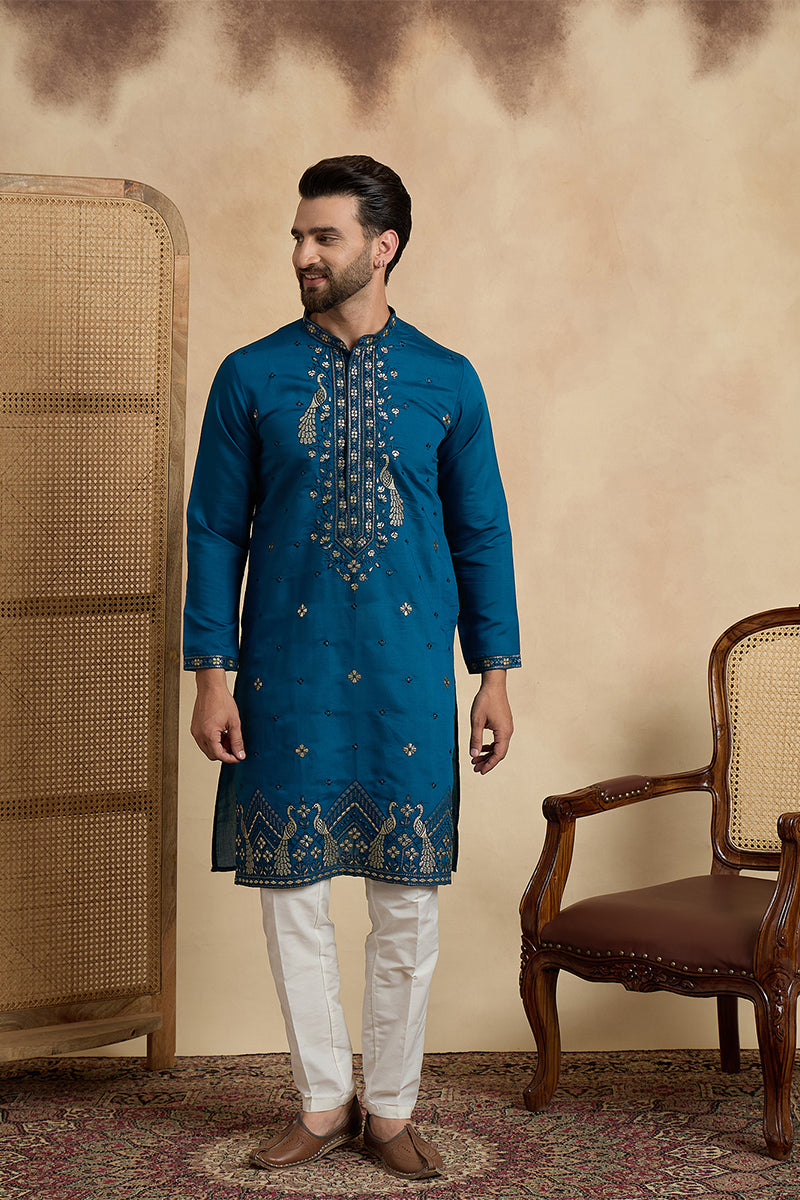 Teal Silk Blend Solid Embroidered Thread Work Kurta MKU2443