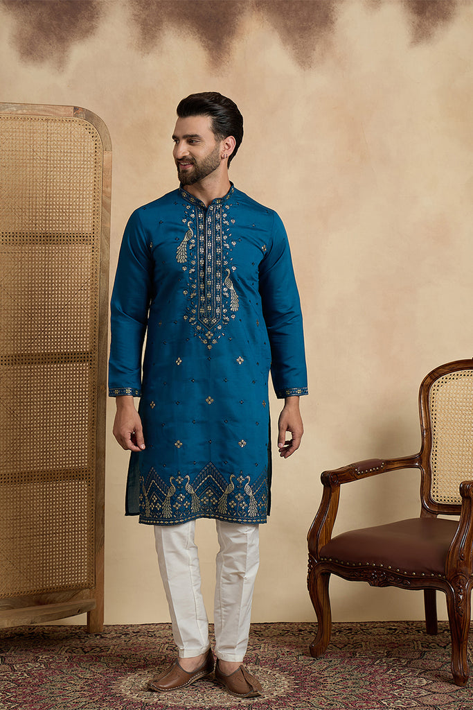 Teal Silk Blend Solid Embroidered Thread Work Kurta MKU2443