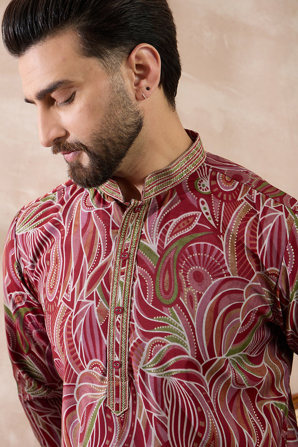 Red Silk Blend Printed Mandarin Collar Straight Kurta MKU1959