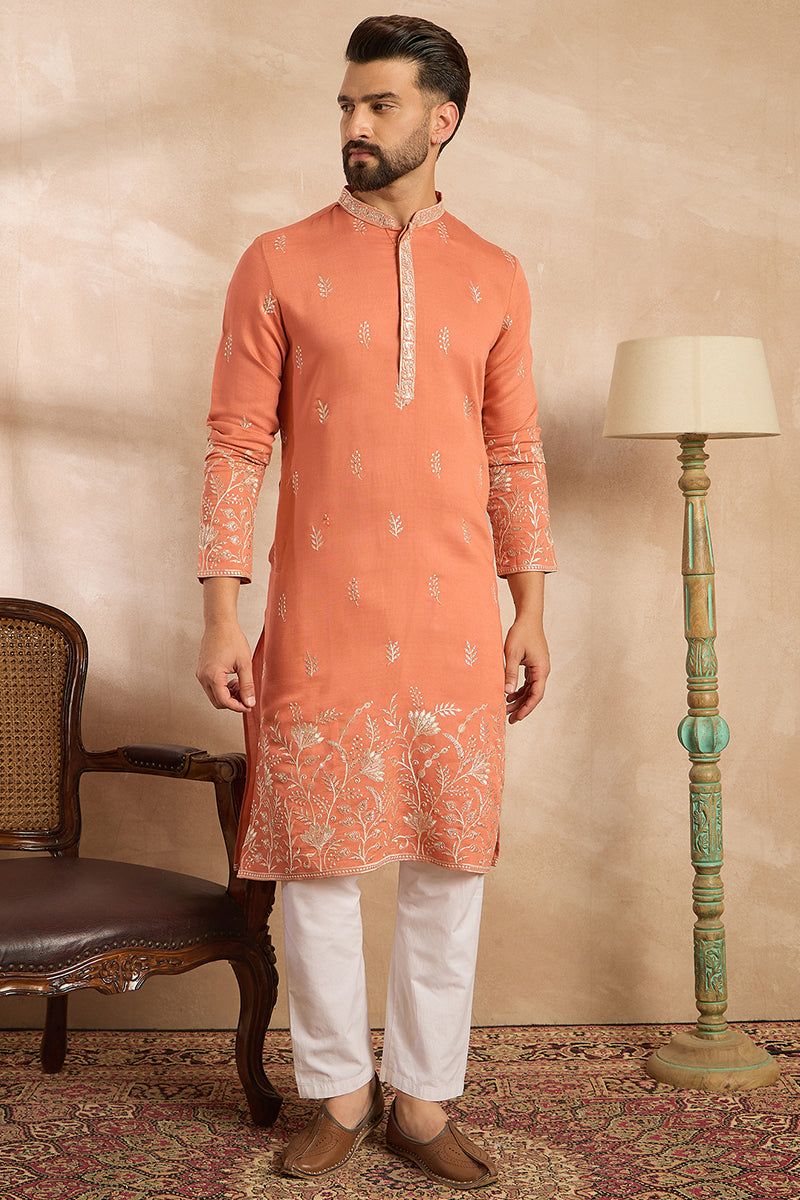 Peach Vartican Solid Embroidered Straight Kurta MKU1935