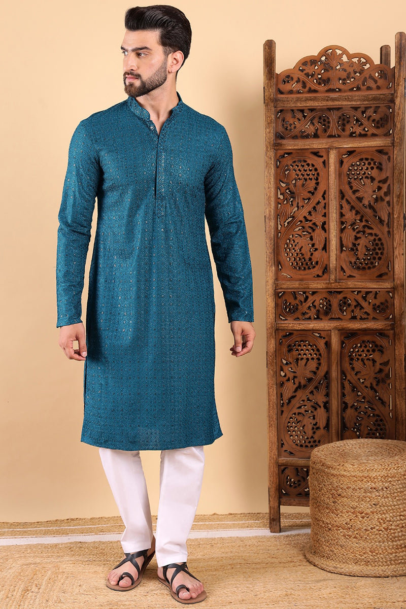 Teal Viscose Rayon Solid Embroidered Straight Kurta For Men MKU1022TIL
