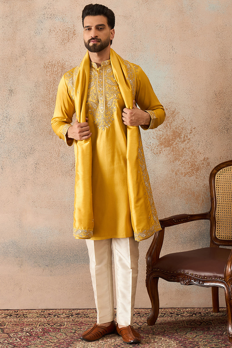 Yellow Silk Blend Embroidered Ethnic Kurta with Dupatta MKUD1023