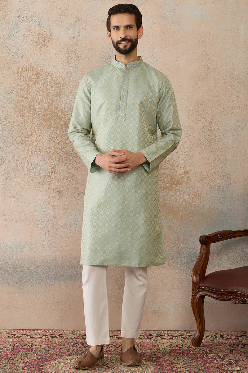 Teal Jacquard Ethnic Motifs Embroidered Kurta With Trouser MKSET2240