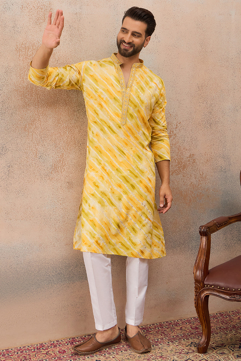 Yellow Viscose Rayon Leheriya Printed Kurta With Trouser MKSET2756