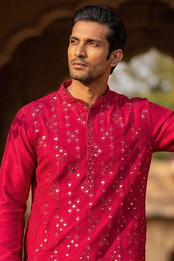 Pink Silk Blend Solid Embroidered Kurta With Trousers MKSET2076