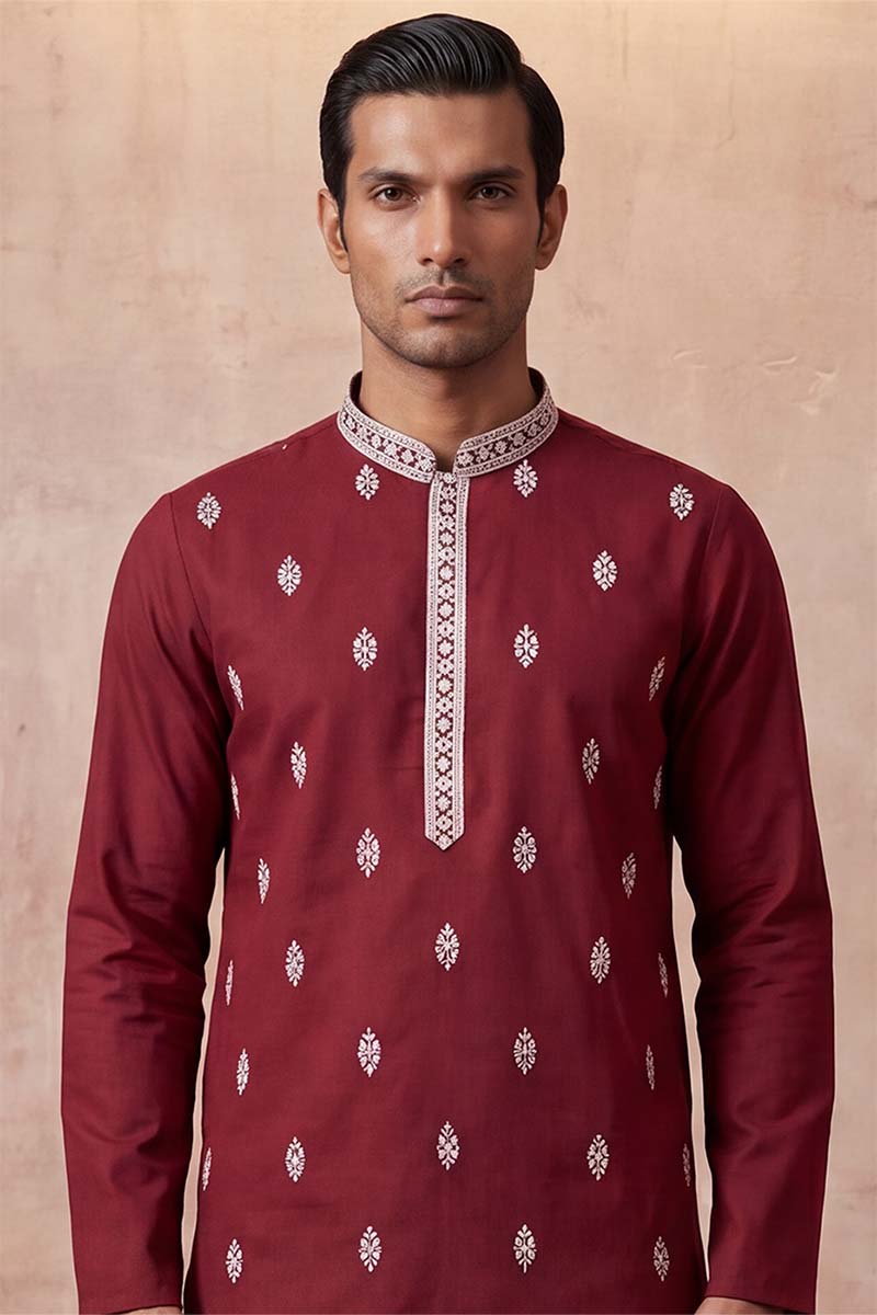 Silk Blend Maroon Solid Embroidered Calf Length Straight Kurta With Trousers MKSET2270