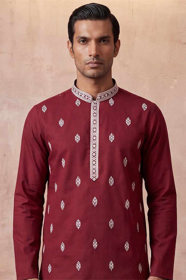 Silk Blend Maroon Solid Embroidered Calf Length Straight Kurta With Trousers MKSET2270