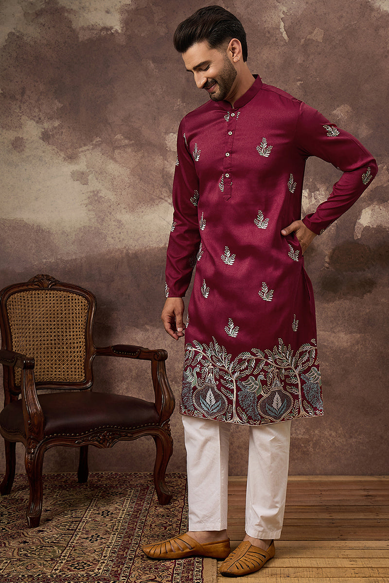 Maroon Silk Blend Solid Embroidered Straight Kurta with Trouser MKSET1346