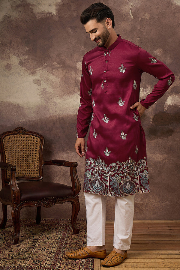 Maroon Silk Blend Solid Embroidered Straight Kurta with Trouser MKSET1346