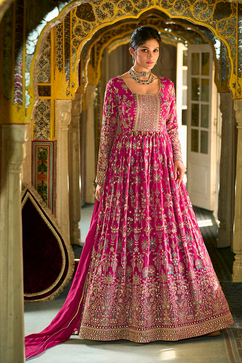 Pink Georgette Embroidered With Hand Work Gown With Dupatta VKSET1542