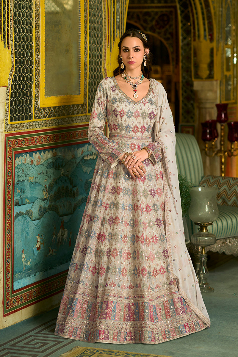 Off White Georgette Embroidered With Hand Work Gown With Dupatta VKSET1541