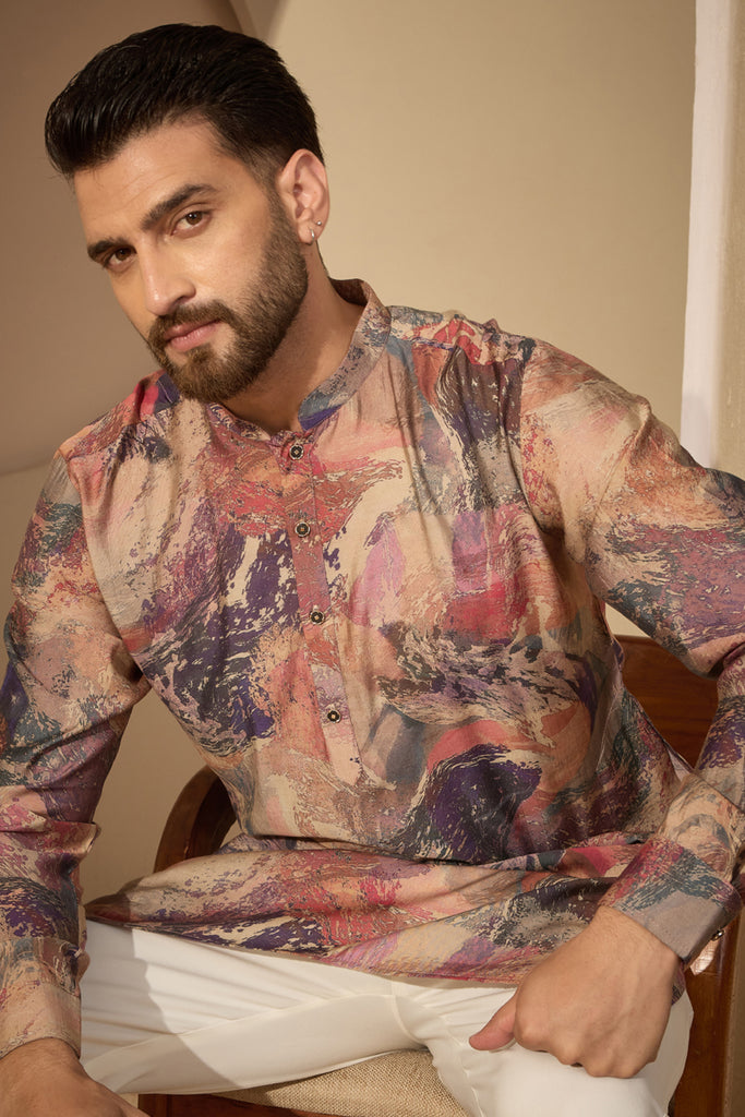 Multi Silk Blend Abstract Printed Mandarin Collar Kurta With Trouser MKSET2621