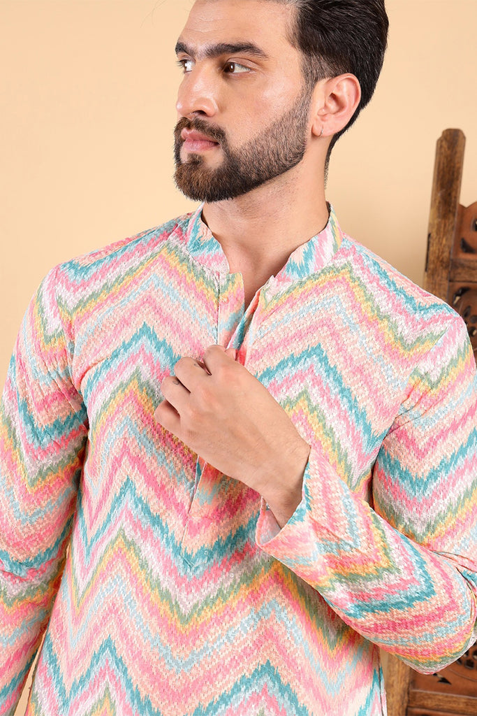 Teal Viscose Rayon Chevron Embroidered Straight Kurta For Men MKU1008TIL