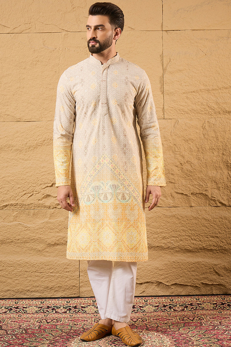 Yellow Viscose Rayon Ethnic Motifs Embroidered Straight Kurta with Trouser MKSET1138