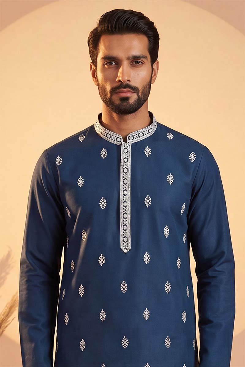 Silk Blend Blue Solid Embroidered Calf Length Straight Kurta With Trousers MKSET2274