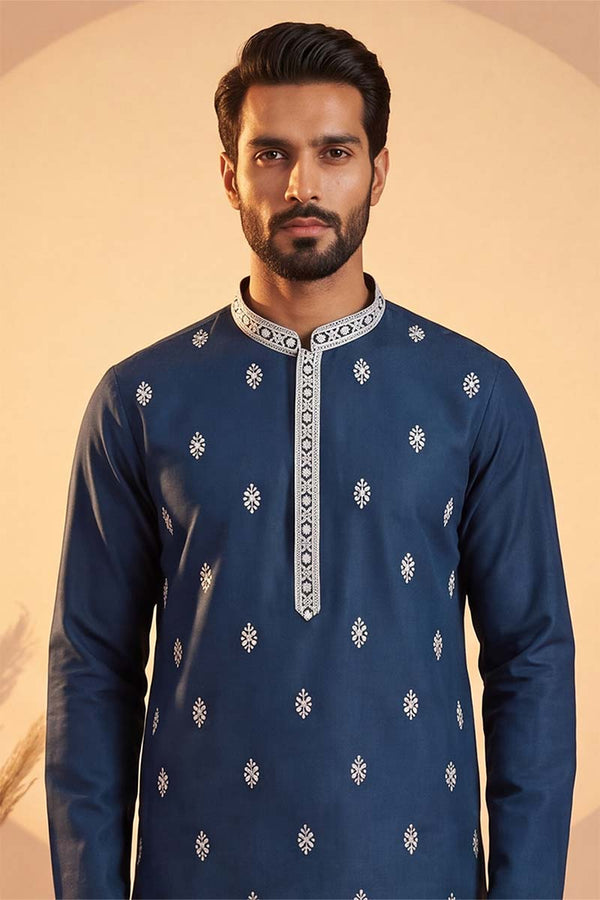 Silk Blend Blue Solid Embroidered Calf Length Straight Kurta With Trousers MKSET2274