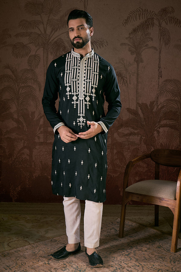 Black Silk Blend Solid Embroidered Straight Kurta With Trouser MKSET1885
