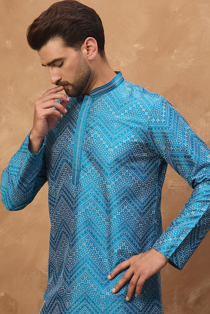 Blue Silk Blend Geometric Printed Straight Kurta With Pant Set MKSET1531