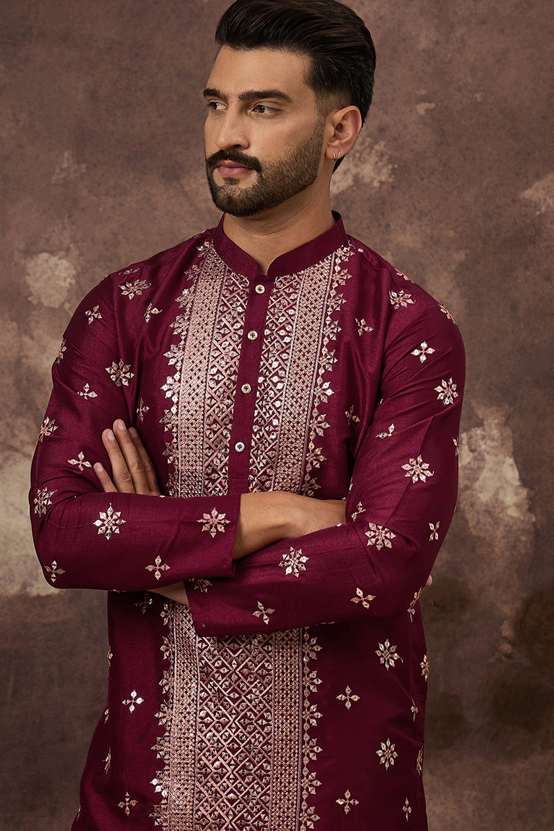 Maroon Silk Blend Solid Embroidered Straight Kurta MKU1369